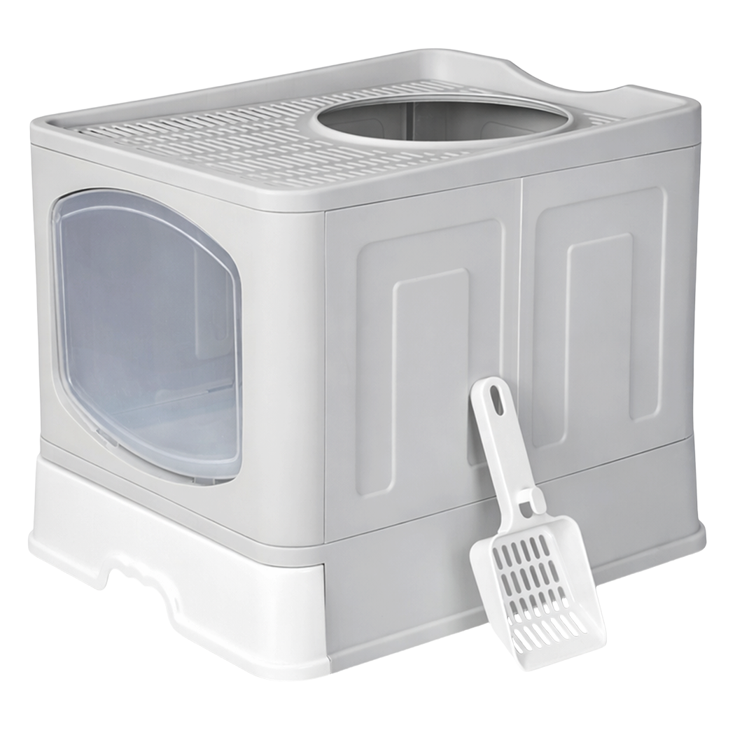 Pawz Large Cat Litter Box Foldable Top Entry Covered Litter Tray Scoop Grey - Image 9