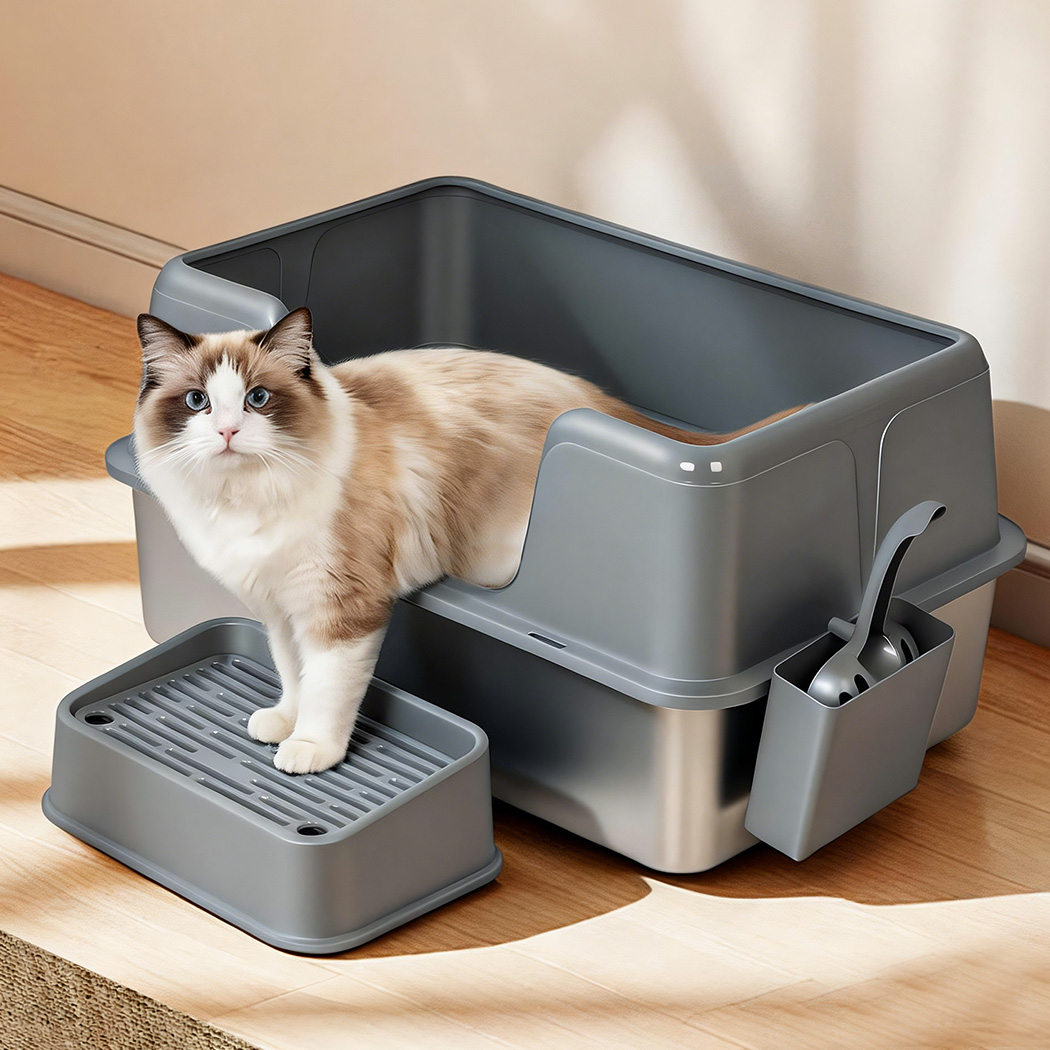 Pawz Stainless Steel Cat Litter Box Large Semi-Enclosed Easy Cleaning Pet Toilet - Image 8