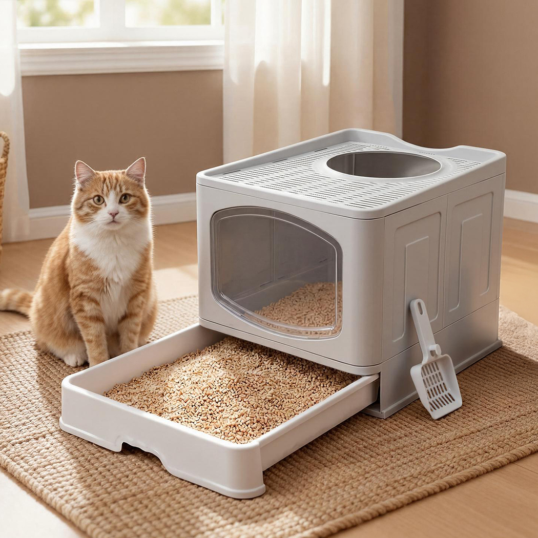 Pawz Large Cat Litter Box Foldable Top Entry Covered Litter Tray Scoop Grey - Image 8