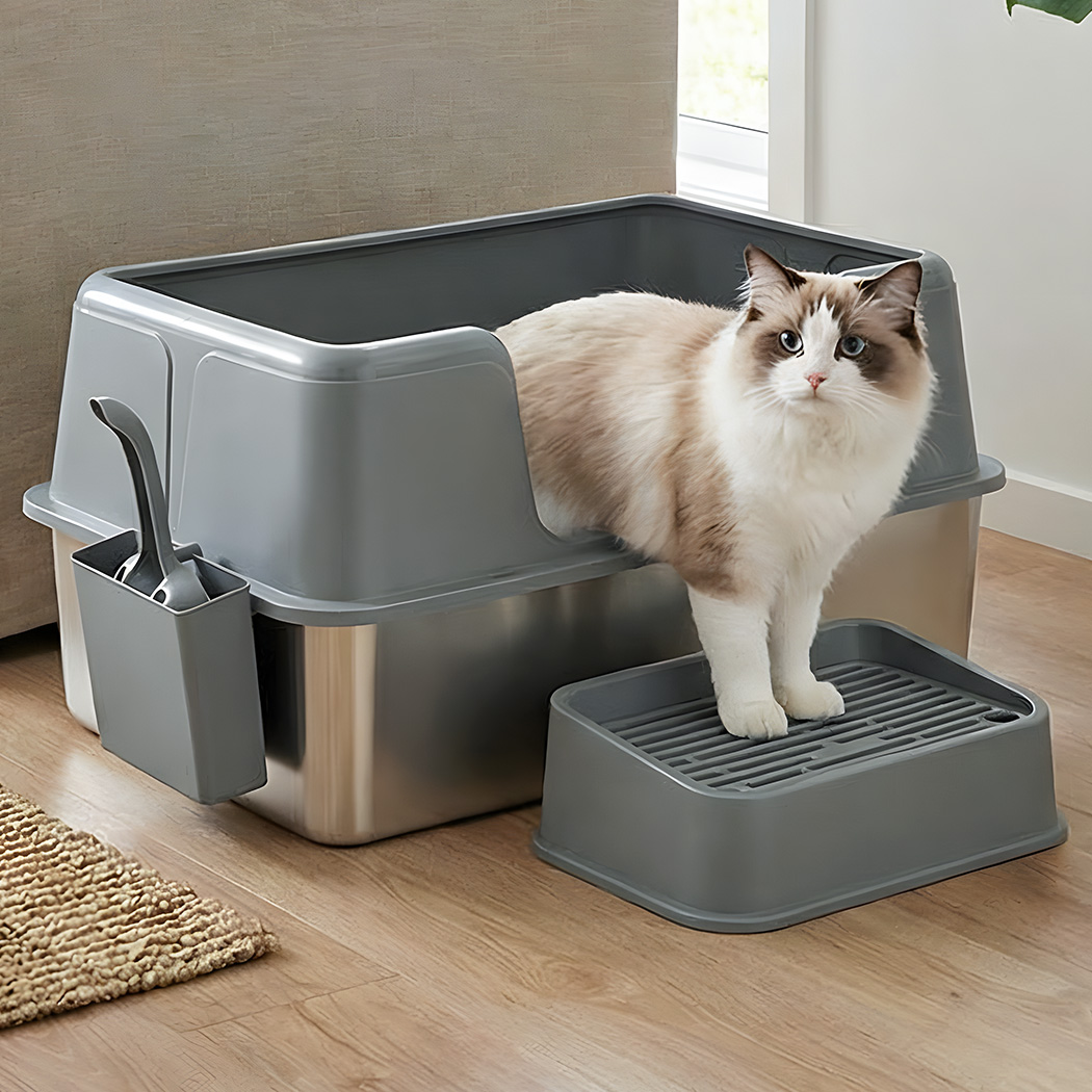 Pawz Stainless Steel Cat Litter Box Large Semi-Enclosed Easy Cleaning Pet Toilet - Image 7