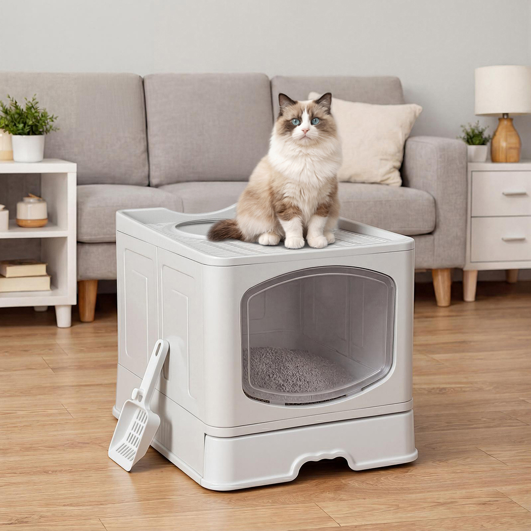 Pawz Large Cat Litter Box Foldable Top Entry Covered Litter Tray Scoop Grey - Image 7