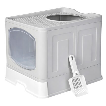Pawz Large Cat Litter Box Foldable Top Entry Covered Litter Tray Scoop Grey