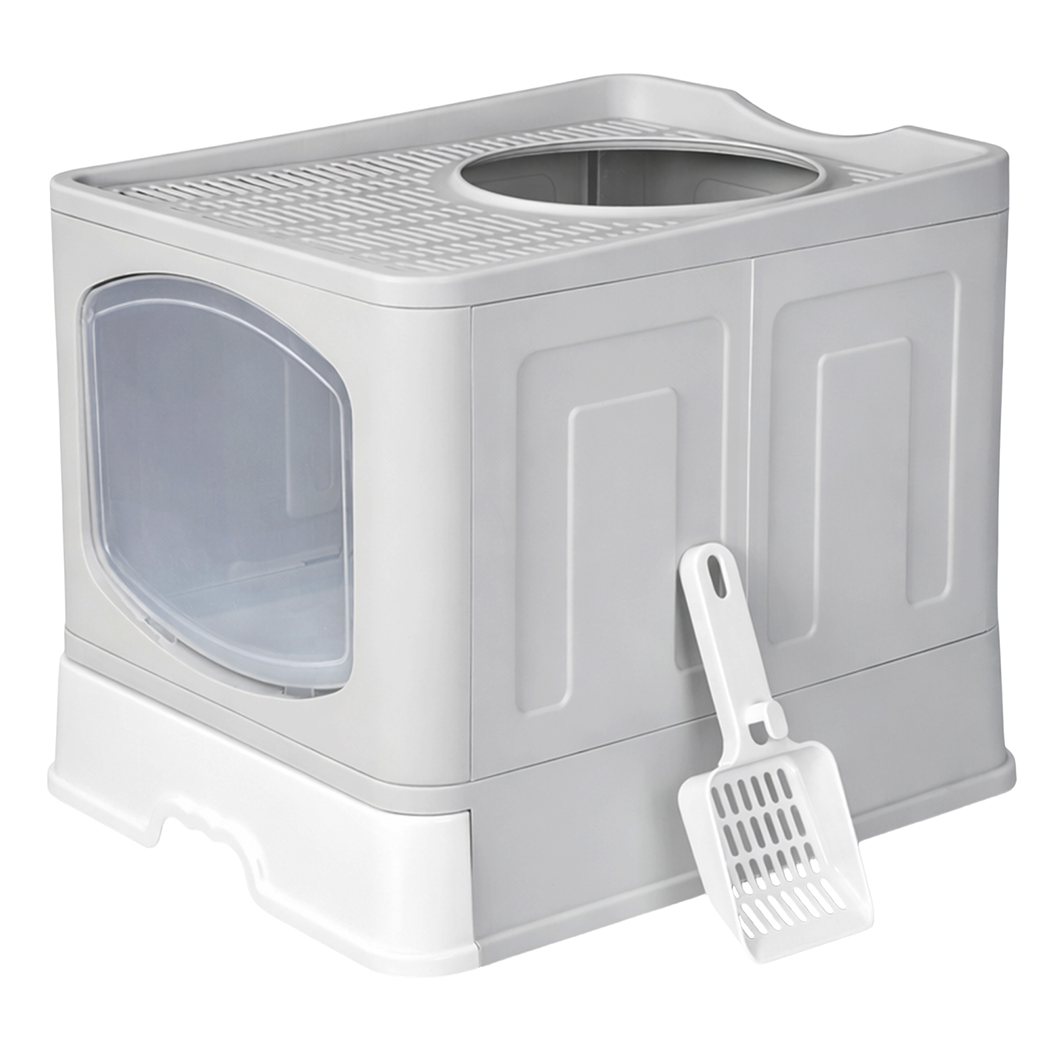 Pawz Large Cat Litter Box Foldable Top Entry Covered Litter Tray Scoop Grey