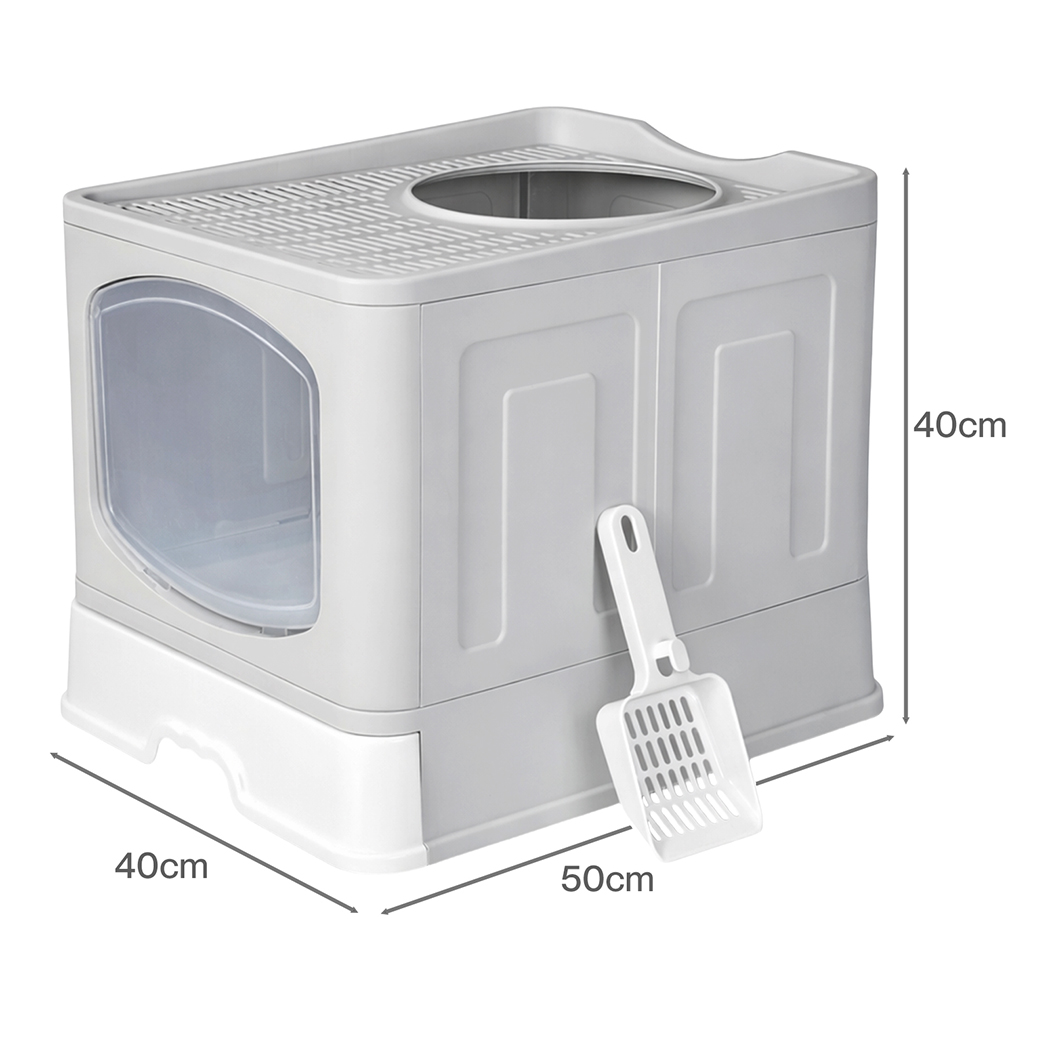 Pawz Large Cat Litter Box Foldable Top Entry Covered Litter Tray Scoop Grey - Image 3